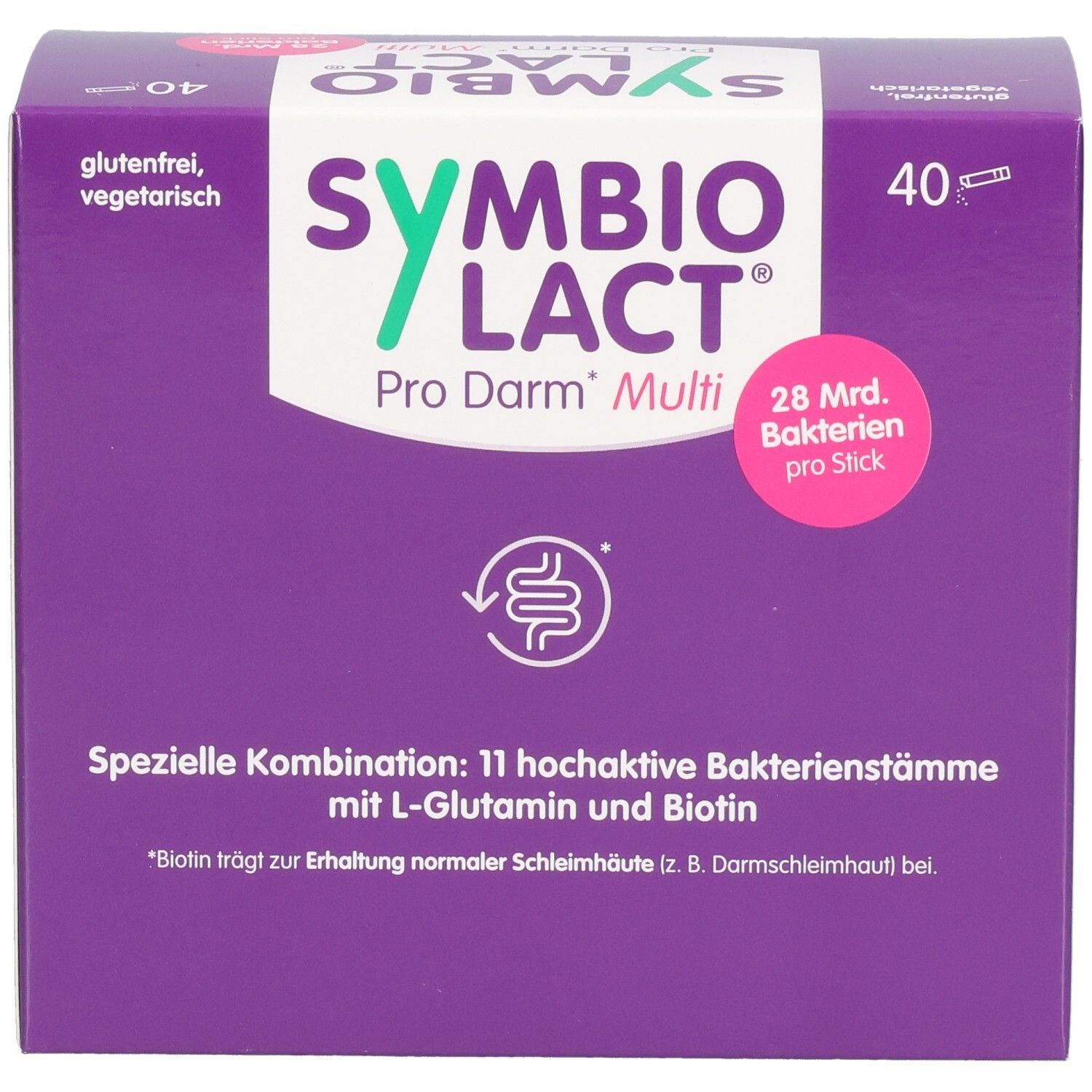 Boîte violette SYMBIOLACT Pro Darm Multi. 40 sticks. Sans gluten, végétarien. 28 milliards de bactéries par stick. Informations produit.