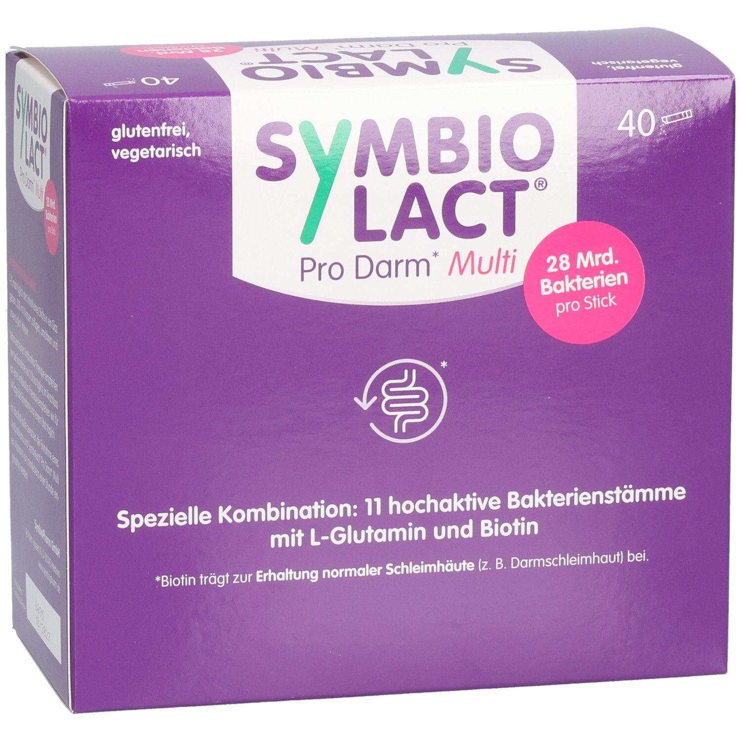 Boîte violette SYMBIOLACT Pro Darm Multi. 40 sticks. Sans gluten, végétarien. 28 milliards de bactéries par stick. Informations produit.