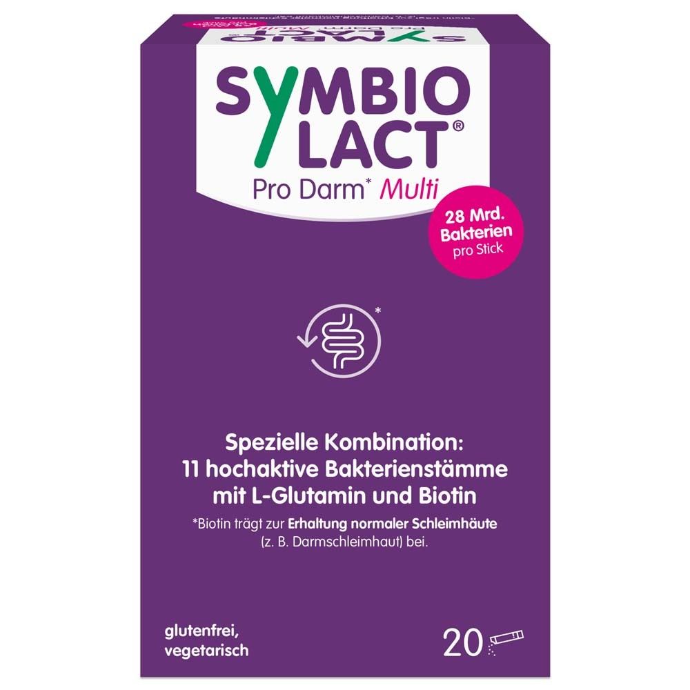 Boîte violette. SymbioLact Pro Darm Multi. 20 sticks. Sans gluten, végétarien. Contient 28 milliards de bactéries.