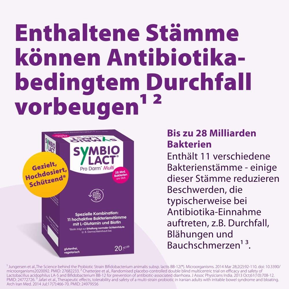 Texte: Les souches contenues peuvent prévenir la diarrhée causée par les antibiotiques. Logo SymbioLact.