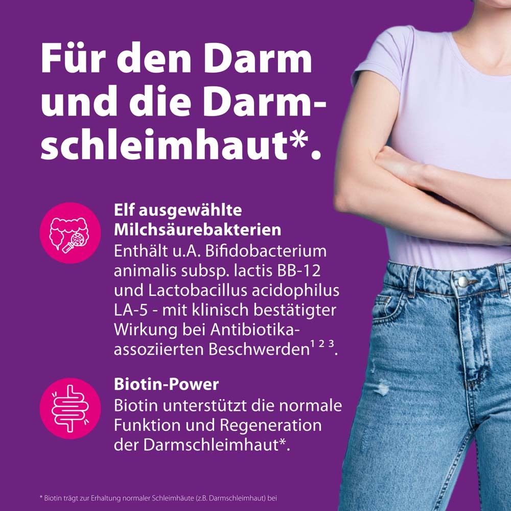 Texte: Pour l'intestin et la muqueuse intestinale. Logo SymbioLact Pro Darm Multi. Contient des bactéries lactiques.