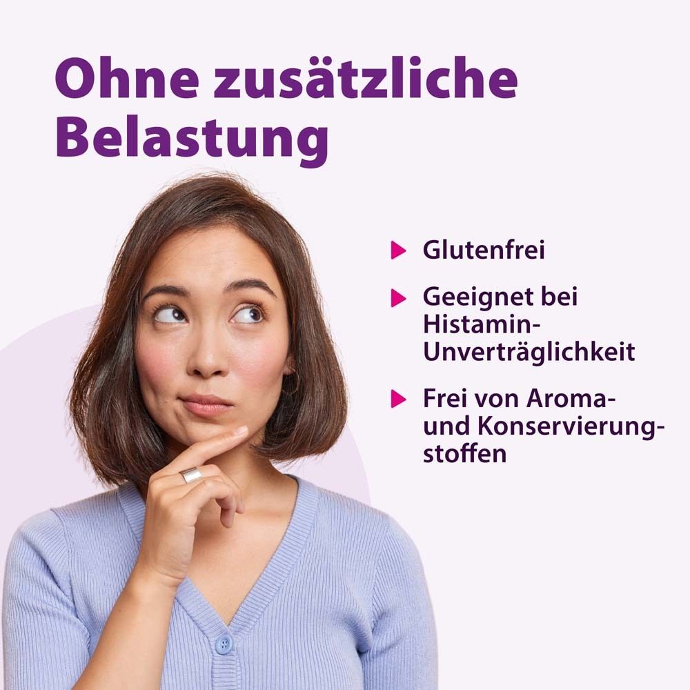 Femme réfléchissant. Texte: Sans charge supplémentaire. Sans gluten, convient en cas d'intolérance à l'histamine.