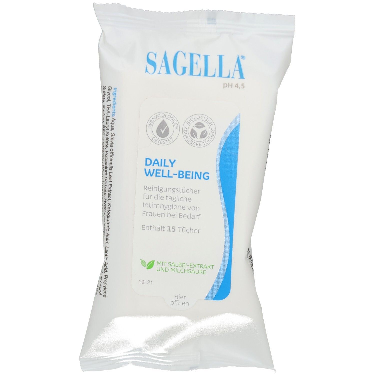 Weißes SAGELLA-Reinigungstücher-Paket. Aufschrift: DAILY WELL-BEING, pH 4,5. Enthält 15 Tücher. Mit Salbei-Extrakt und Milchsäure.