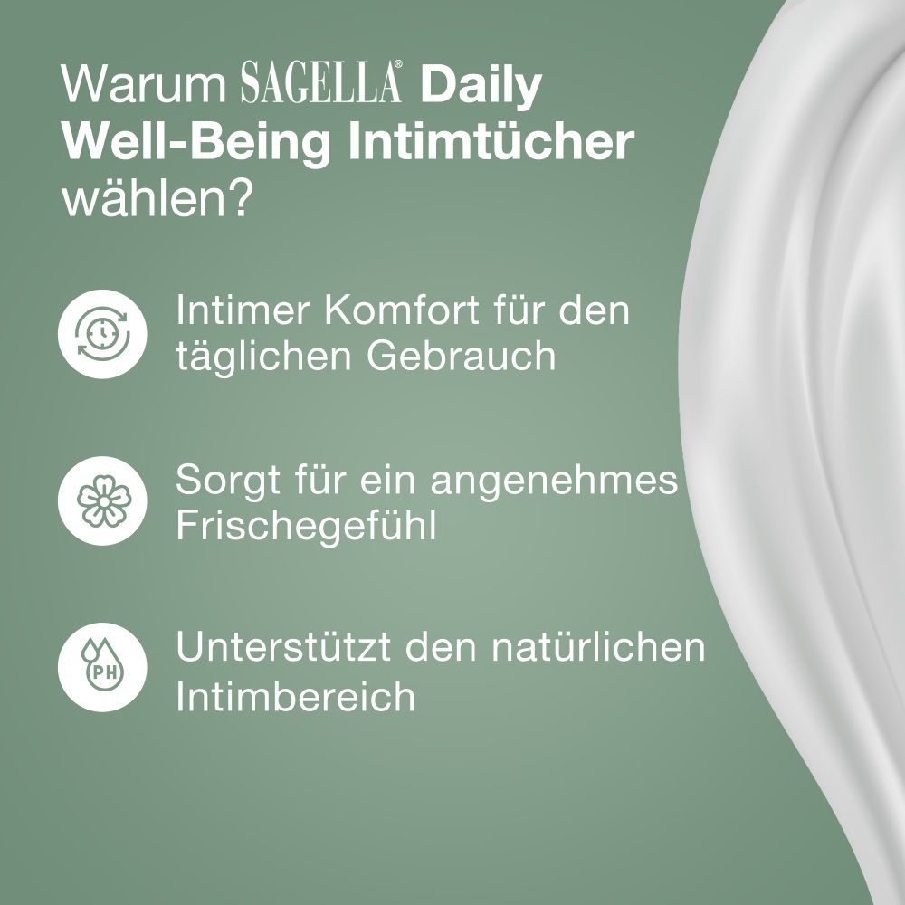 Avantages des lingettes intimes SAGELLA® Daily Well-Being : Confort intime, sensation de fraîcheur, soutient la zone intime.