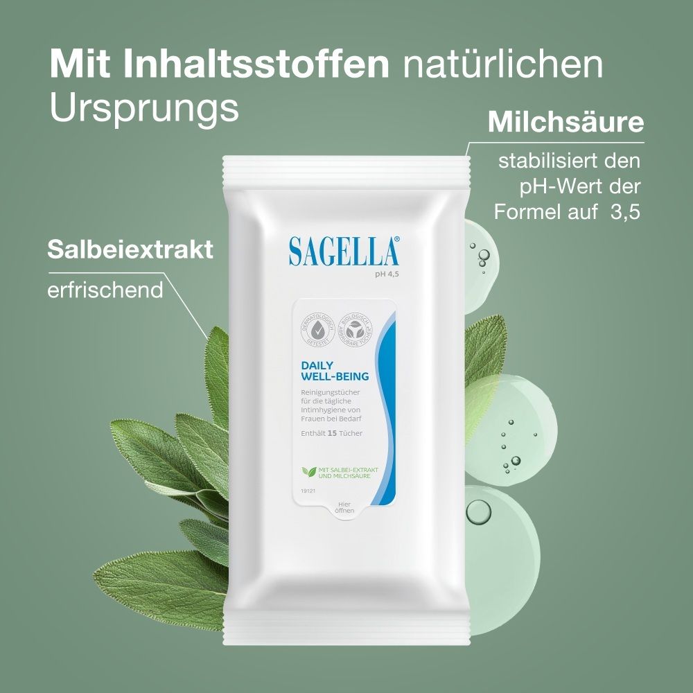Lingettes intimes SAGELLA® pH 4,5 Daily Well-Being avec extrait de sauge et acide lactique.