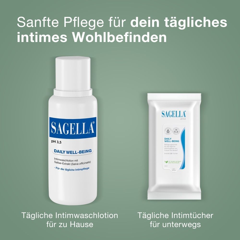 Lotion lavante intime SAGELLA® et lingettes intimes pour les soins quotidiens.