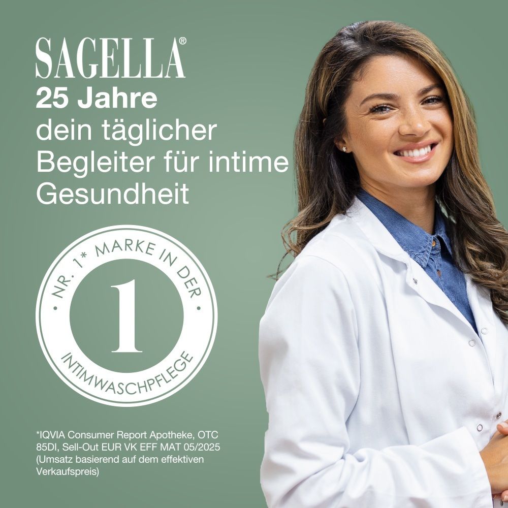 Médecin avec logo SAGELLA® et distinction 'Marque N°1 en soins lavants intimes'.