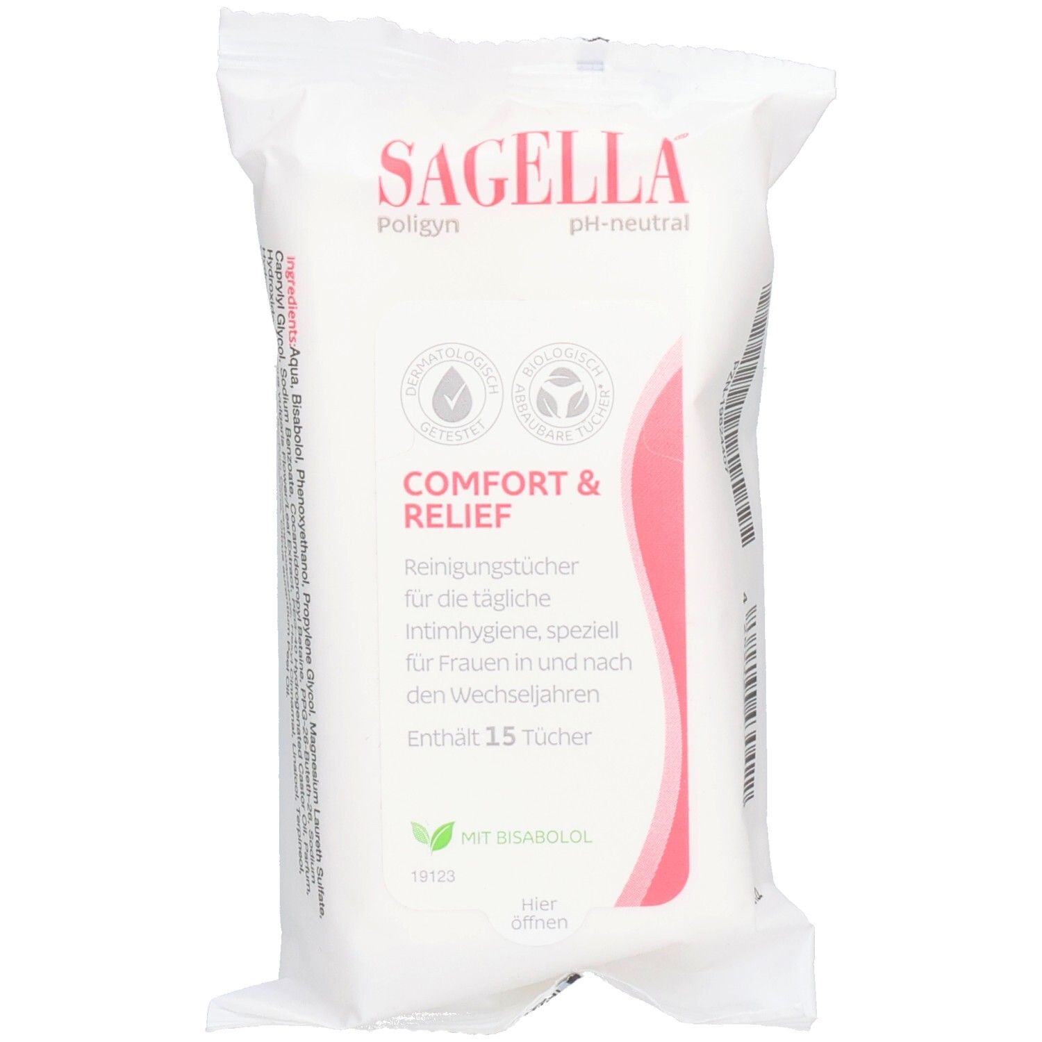 Weiße Packung SAGELLA® poliyn 50+ Intimpflegetücher. Rosa Logo und Text. Enthält 15 Tücher. Mit Bisabolol. pH-neutral.