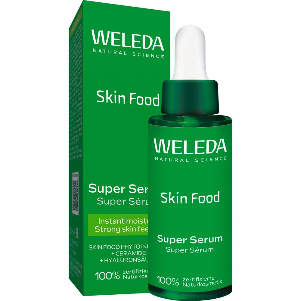 Flacon et emballage verts avec WELEDA Skin Food Super Serum. Flacon avec pipette.