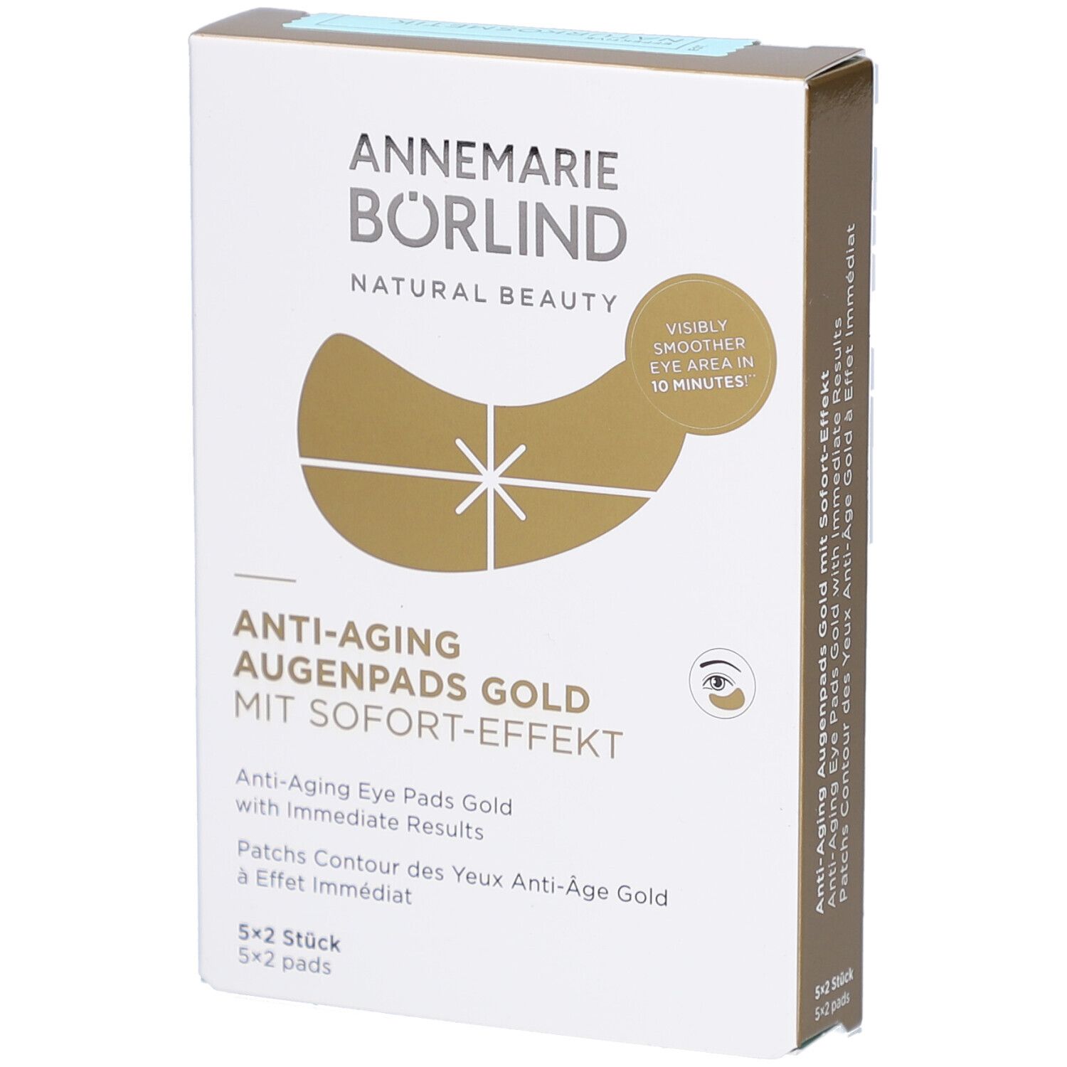 Boîte de patchs pour les yeux. Marque : ANNEMARIE BÖRLIND. Nom du produit : Anti-Aging Augenpads Gold. Effet immédiat. 5x2 pièces.