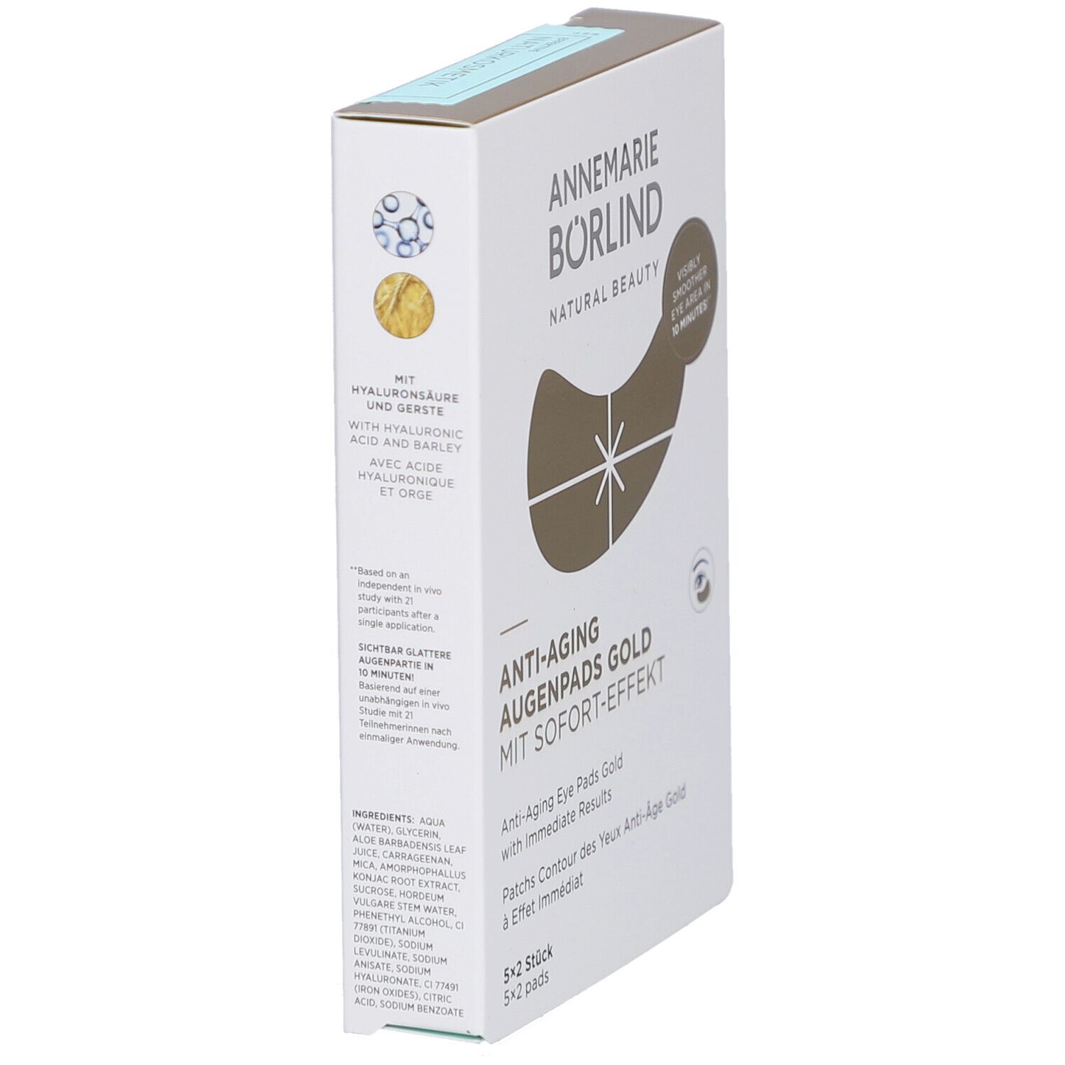 Boîte de patchs pour les yeux. Marque : ANNEMARIE BÖRLIND. Nom du produit : Anti-Aging Augenpads Gold. Effet immédiat. Ingrédients.