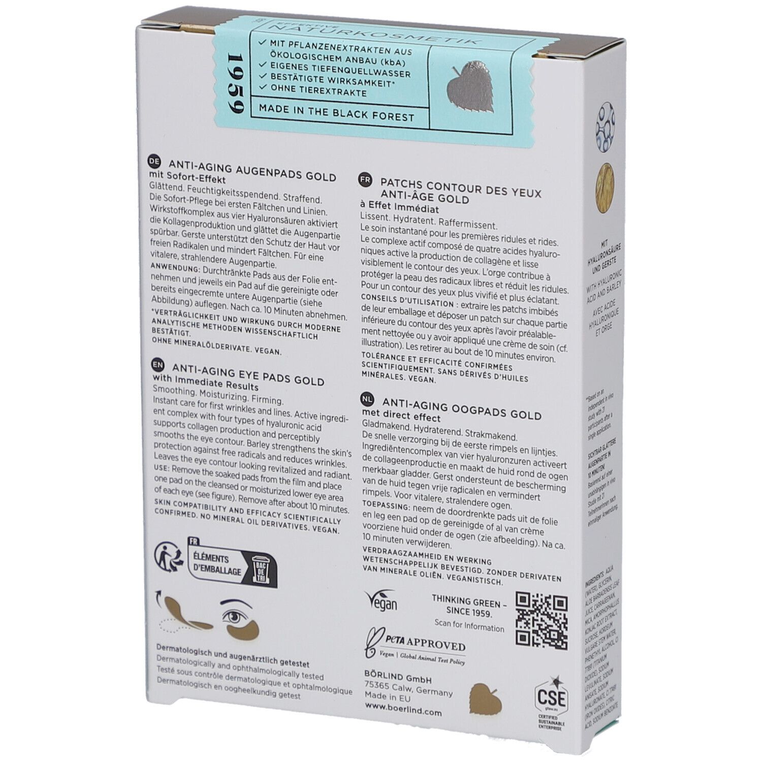 Dos de la boîte de patchs pour les yeux. Marque : ANNEMARIE BÖRLIND. Nom du produit : Anti-Aging Augenpads Gold. Végétalien. Certifications.