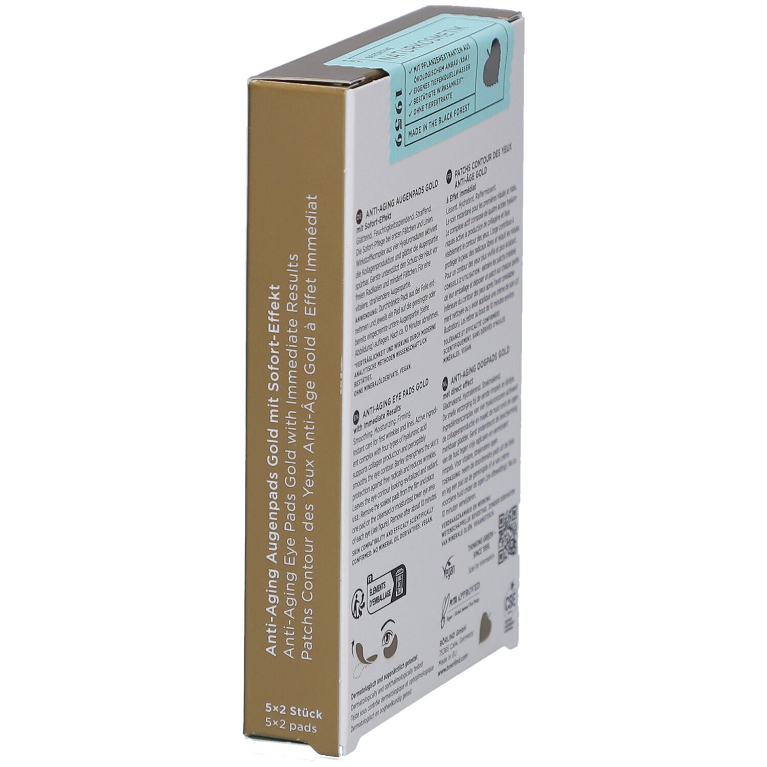 Boîte de patchs pour les yeux. Marque : ANNEMARIE BÖRLIND. Nom du produit : Anti-Aging Augenpads Gold. Effet immédiat. Dos.