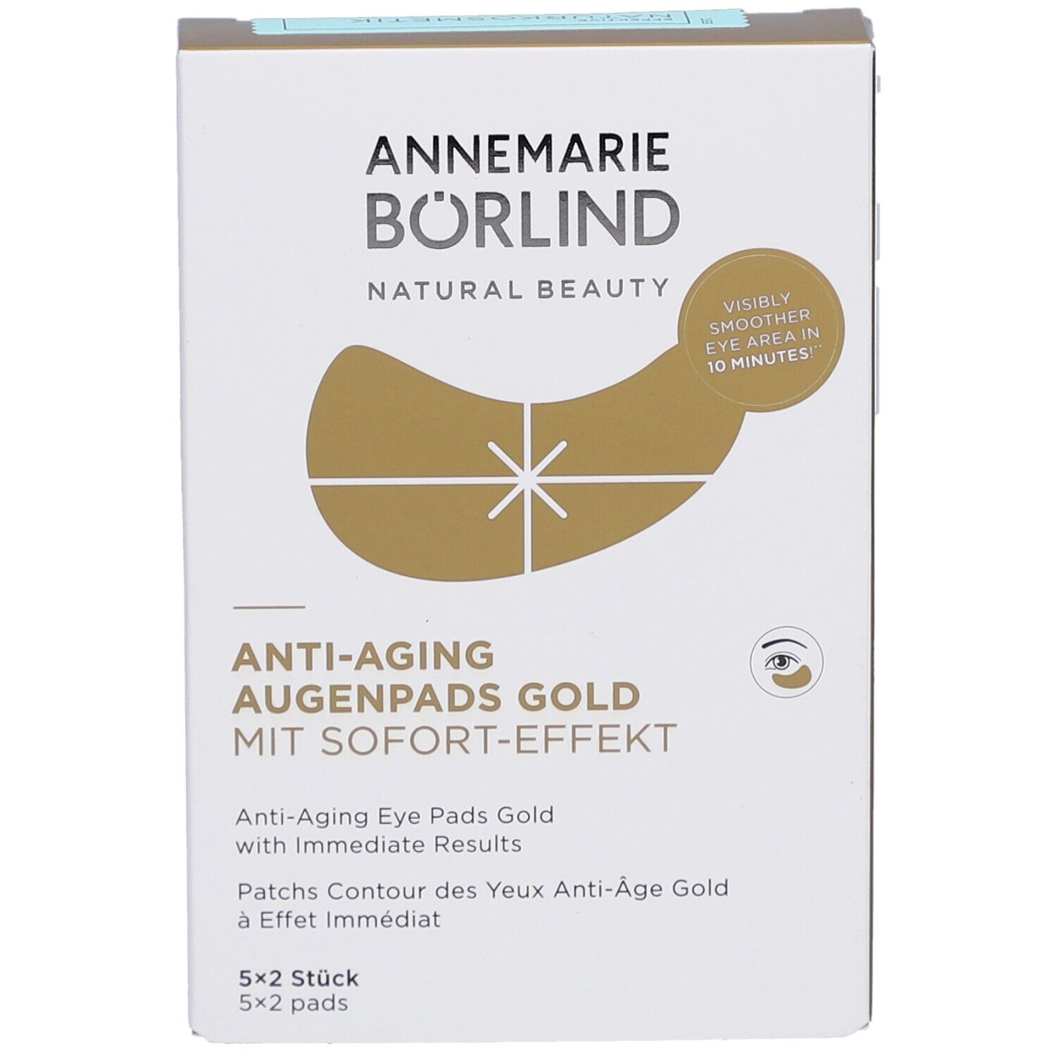 Boîte de patchs pour les yeux. Marque : ANNEMARIE BÖRLIND. Nom du produit : Anti-Aging Augenpads Gold. Effet immédiat. 5x2 pièces.