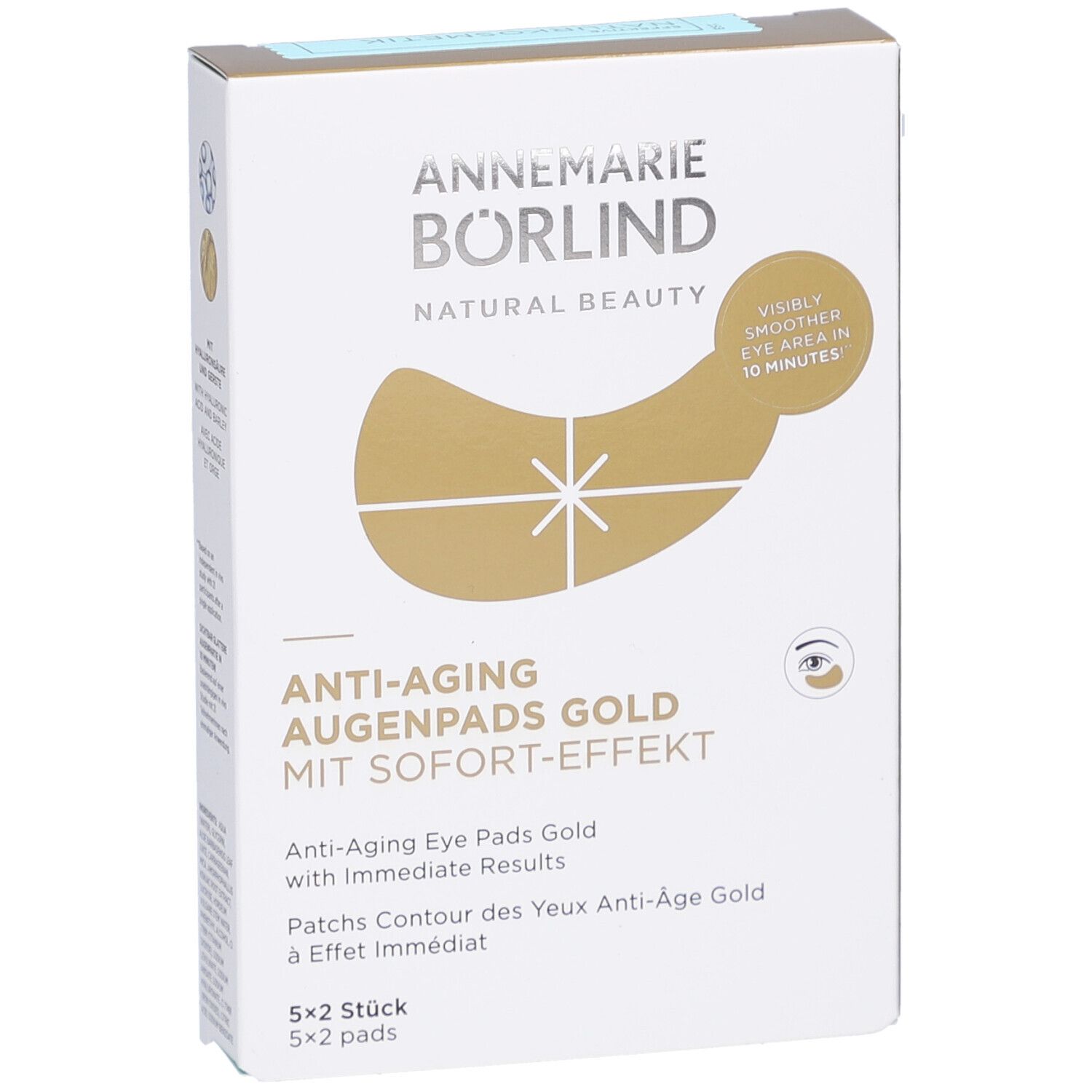 Boîte de patchs pour les yeux. Marque : ANNEMARIE BÖRLIND. Nom du produit : Anti-Aging Augenpads Gold. Effet immédiat. 5x2 pièces.