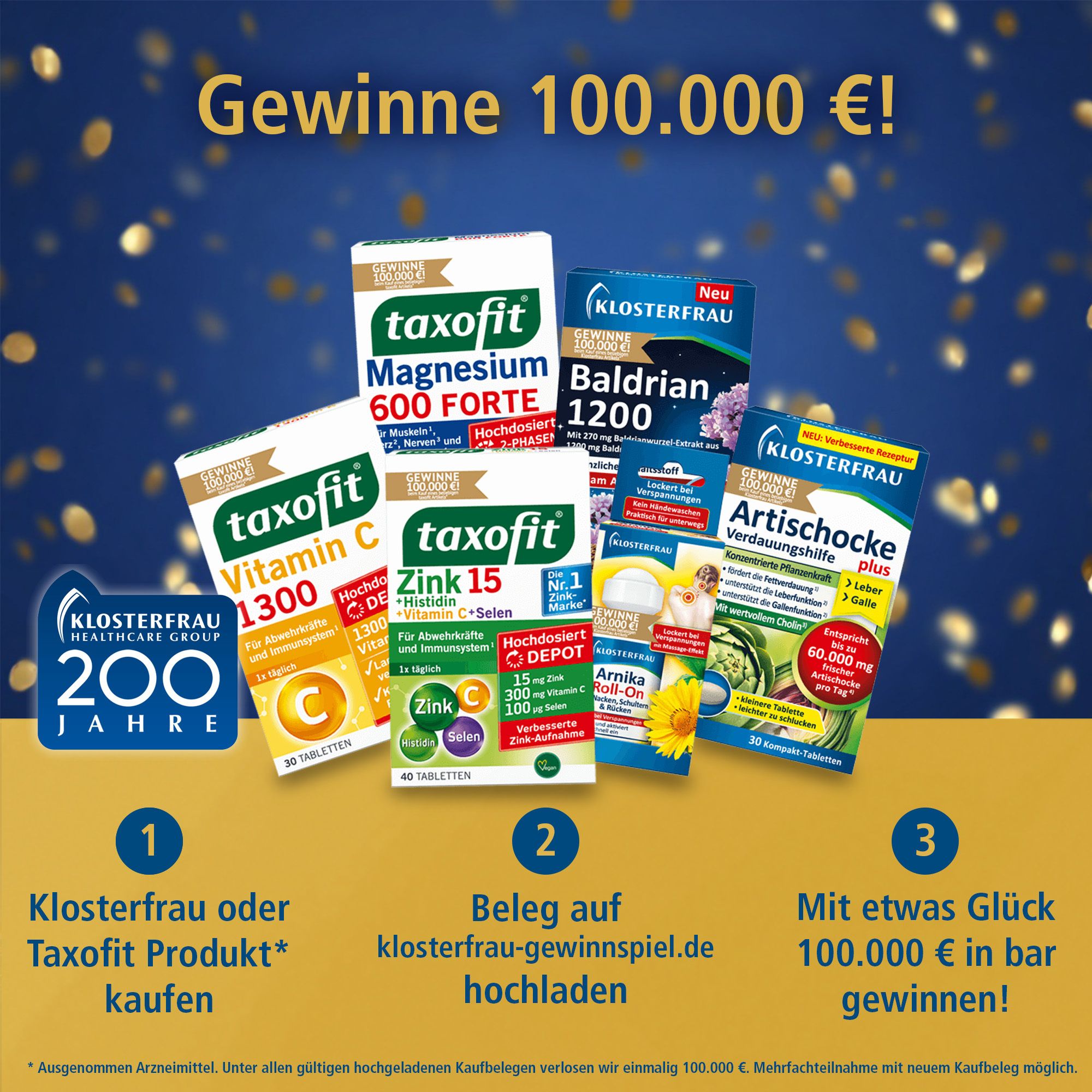 Werbebild mit verschiedenen taxofit-Produkten. Gewinnspiel: Gewinne 100.000 €. Produkte: Magnesium, Zink, Vitamin C, Baldrian, Artischocke.