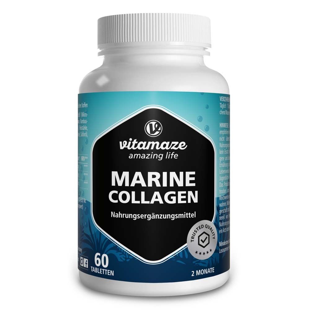 Flacon blanc avec capsules. Inscription: Vitamaze Marine Collagen. 60 comprimés. Sceau.