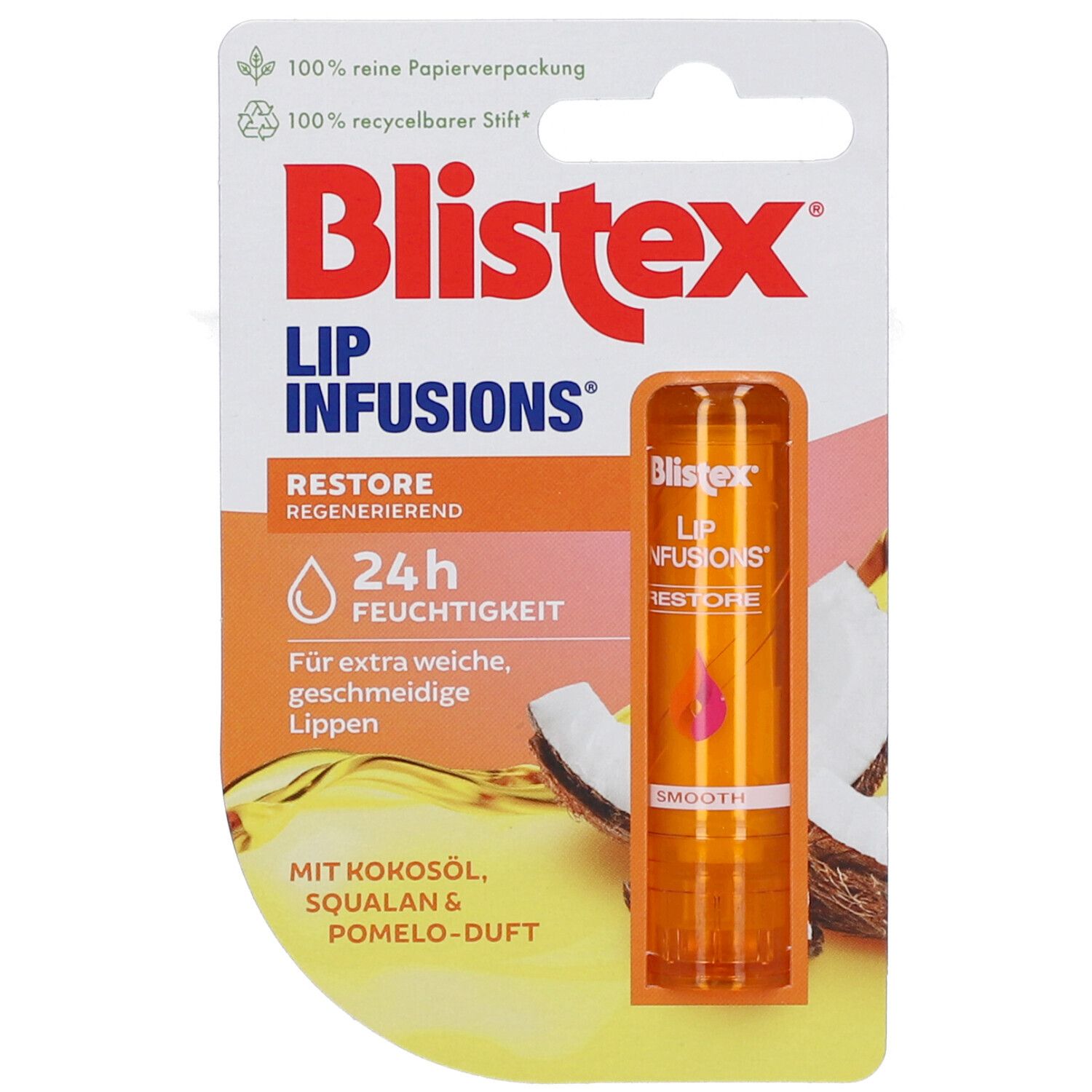 Blistex Lip Infusions Restore. Stick orange dans emballage. Inscription, motif noix de coco.