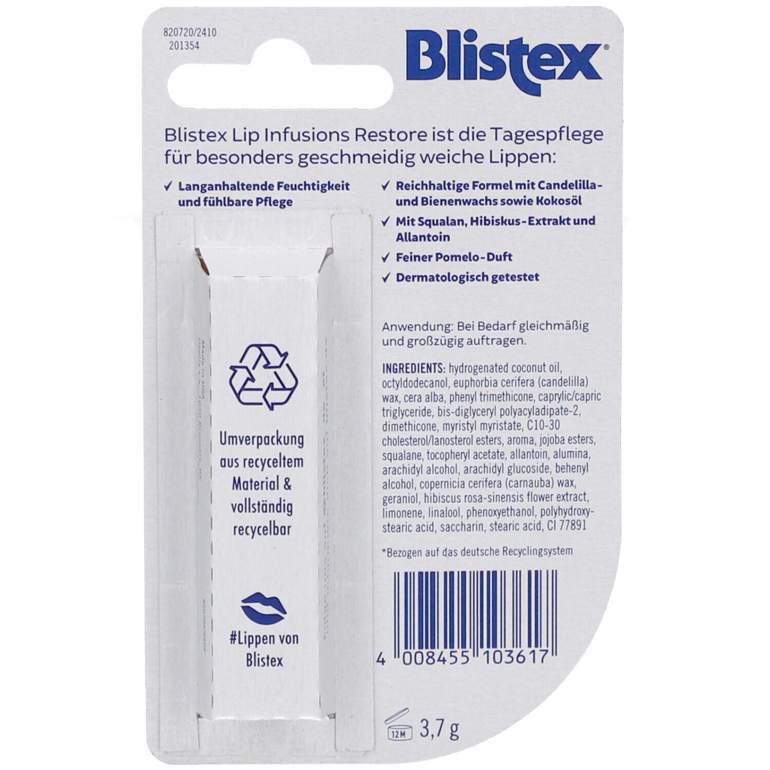 Dos de l'emballage Blistex Lip Infusions Restore. Texte, symbole de recyclage, ingrédients.