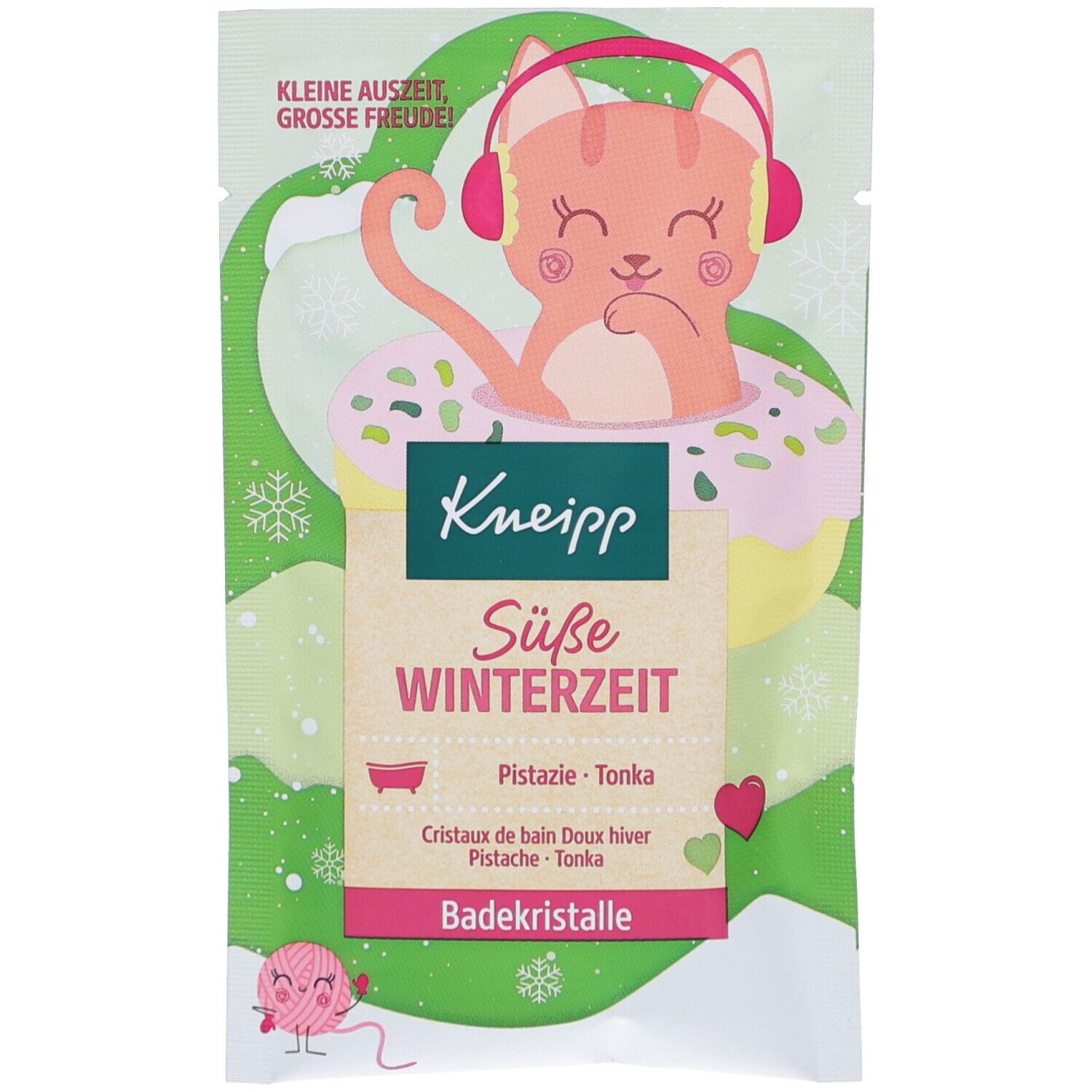 Sachet Kneipp Badekristalle Süße Winterzeit. Chat avec casque et donut. Inscription : Pistache-Tonka, Cristaux de bain.