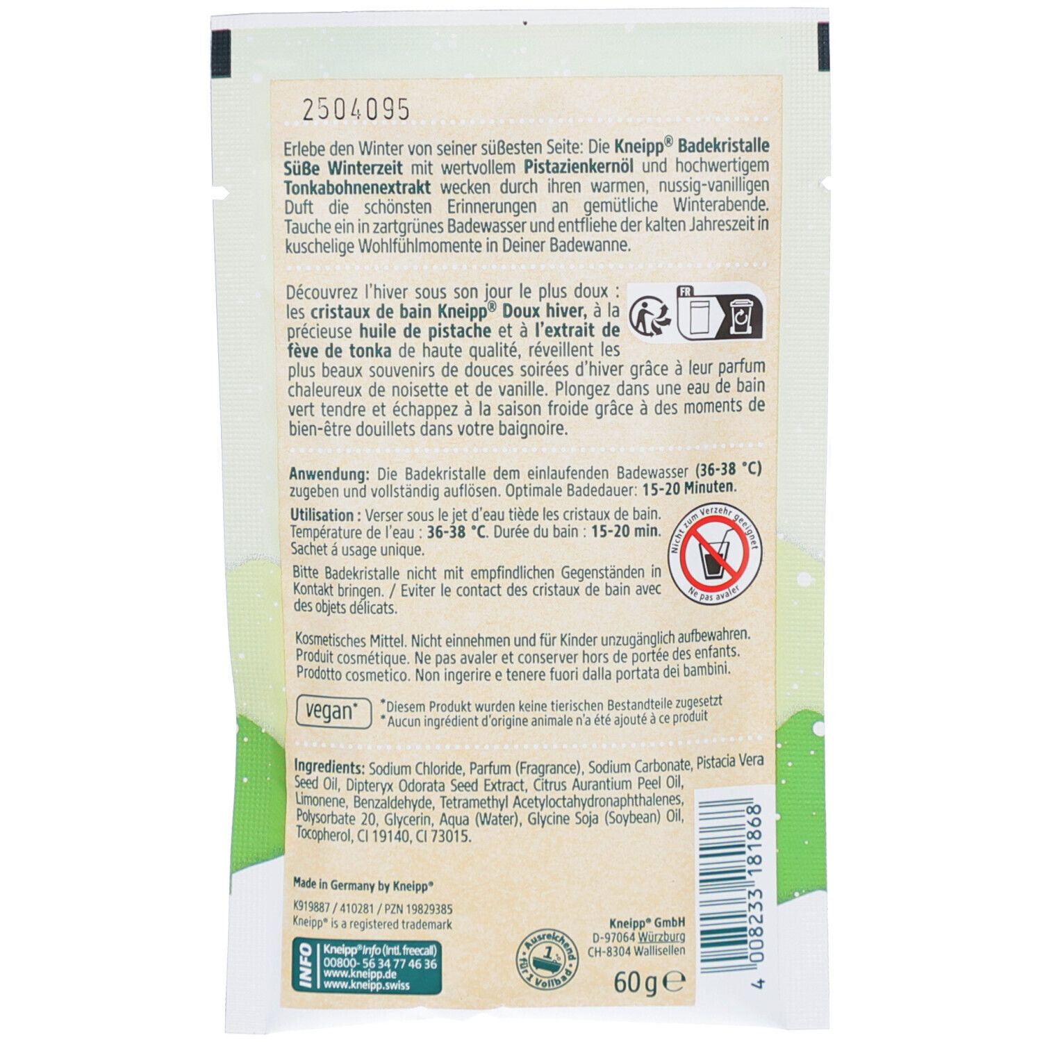Dos du sachet Kneipp Badekristalle Süße Winterzeit. Texte et ingrédients. Logo vegan. Poids : 60g.