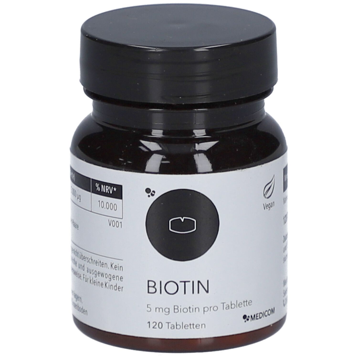 Flacon de comprimés brun avec couvercle noir. Inscription : BIOTIN 5 mg, 120 comprimés. Logo : MEDICOM.