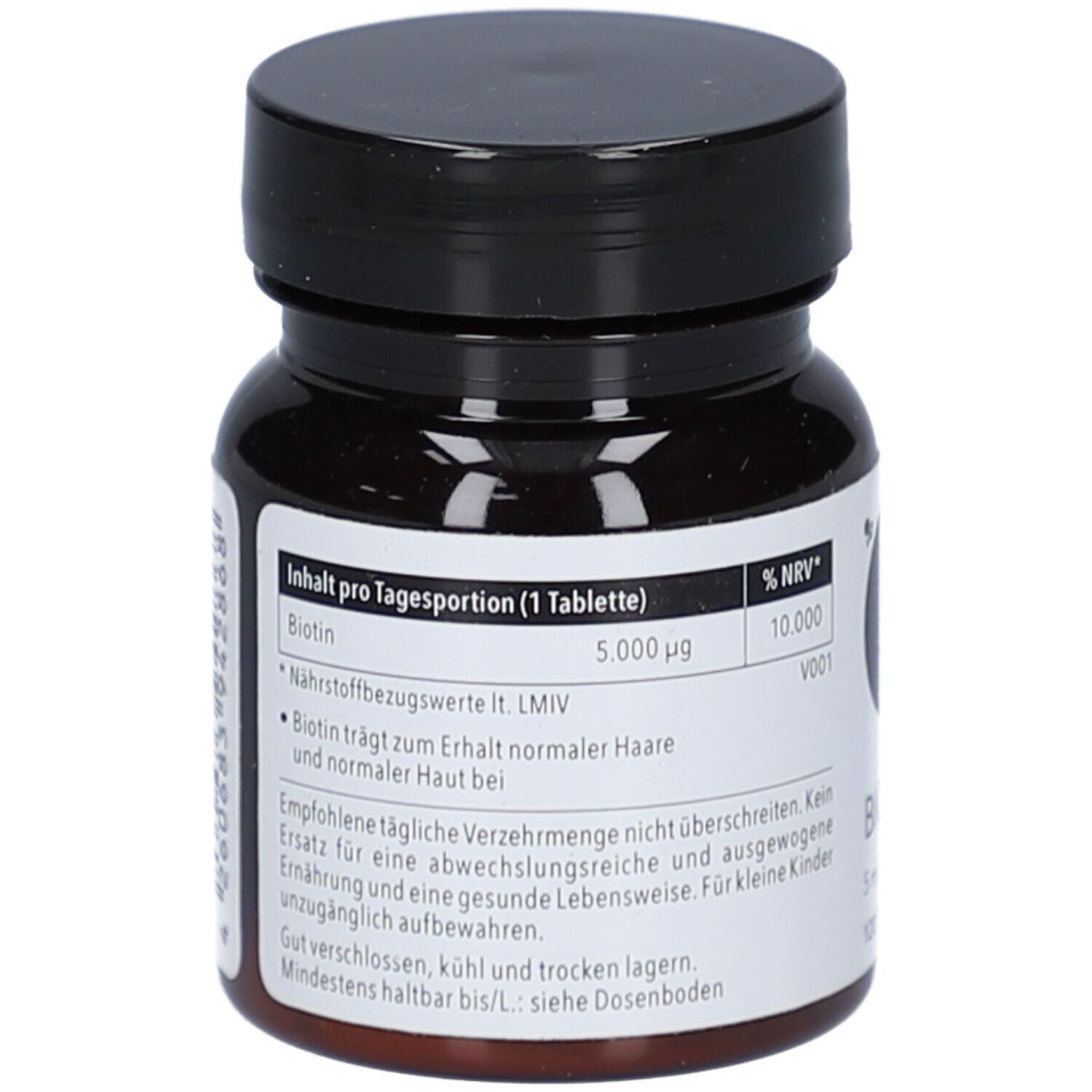 Flacon de comprimés brun avec couvercle noir. Inscription : Biotine, 5 000 µg. Texte sur les ingrédients et l'utilisation.