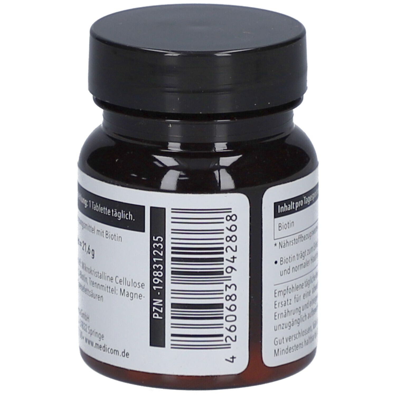 Flacon de comprimés brun avec couvercle noir. Code-barres et texte : PZN-19831235. Texte sur les ingrédients et l'utilisation.