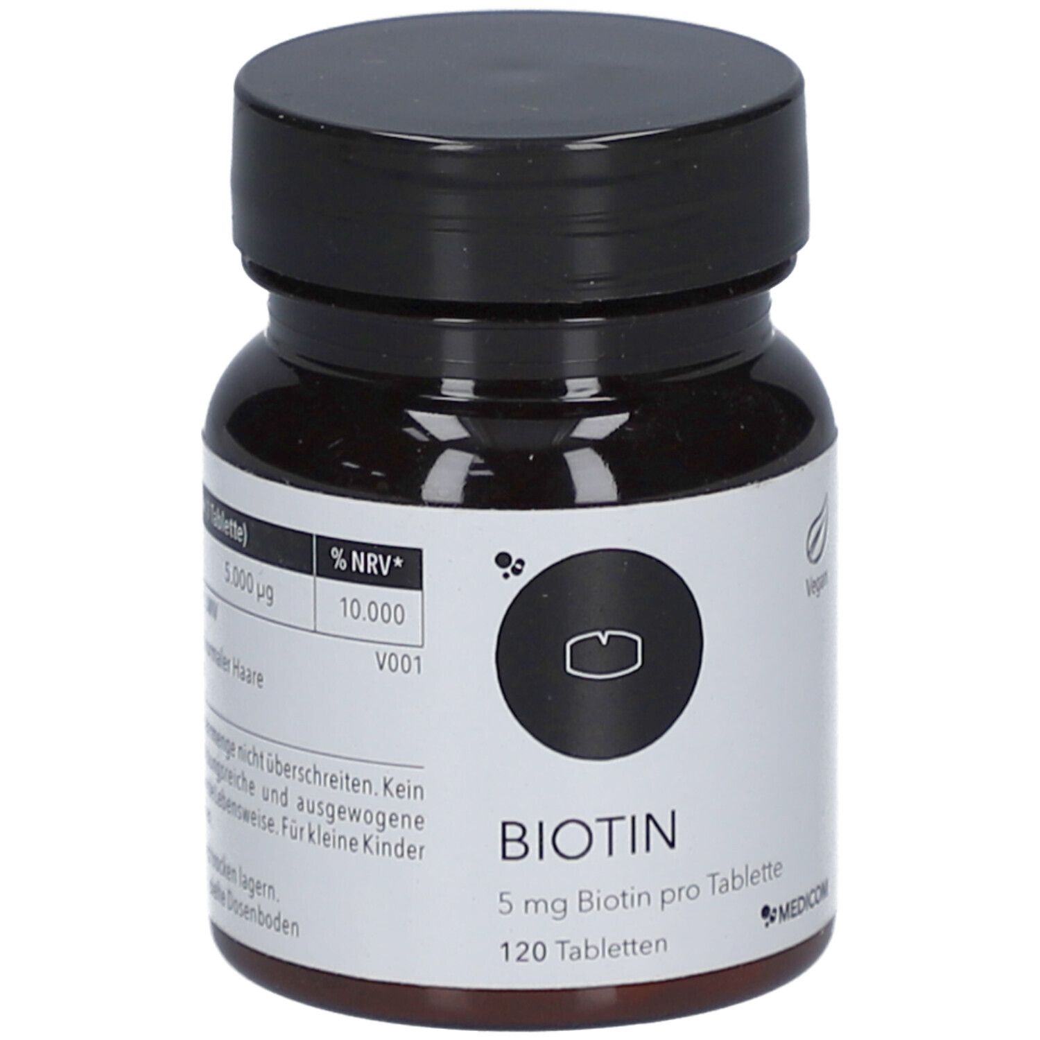 Flacon de comprimés brun avec couvercle noir. Inscription : BIOTIN 5 mg, 120 comprimés. Logo : MEDICOM.