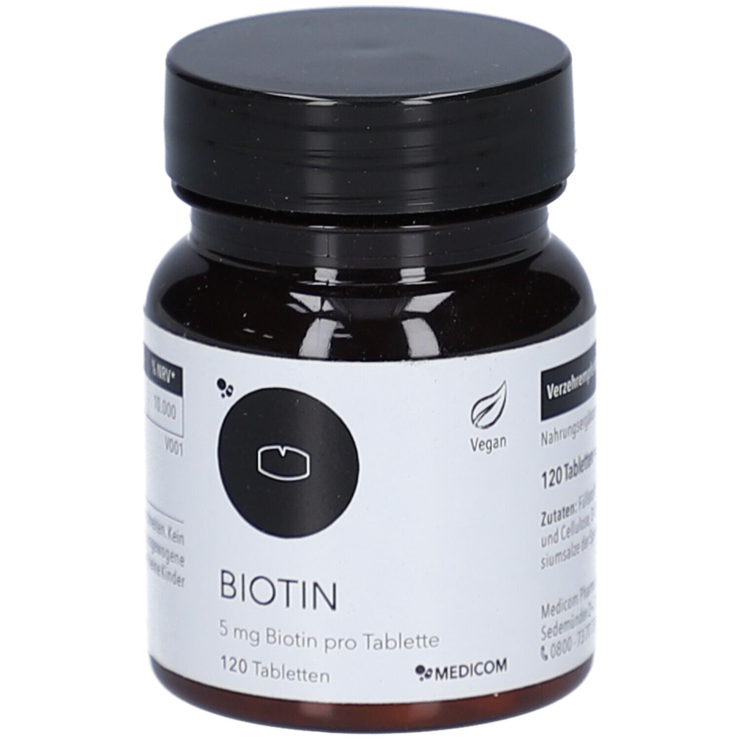 Flacon de comprimés brun avec couvercle noir. Inscription : BIOTIN 5 mg, 120 comprimés. Logo : MEDICOM. Label Vegan.