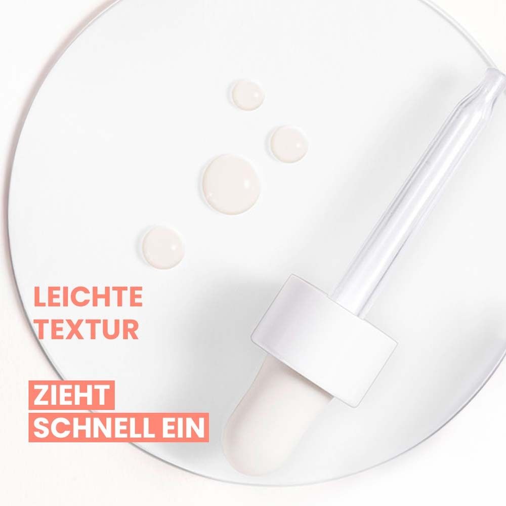 Weiße Tropfen und Pipette auf weißem Untergrund. Text: Leichte Textur. Zieht schnell ein.