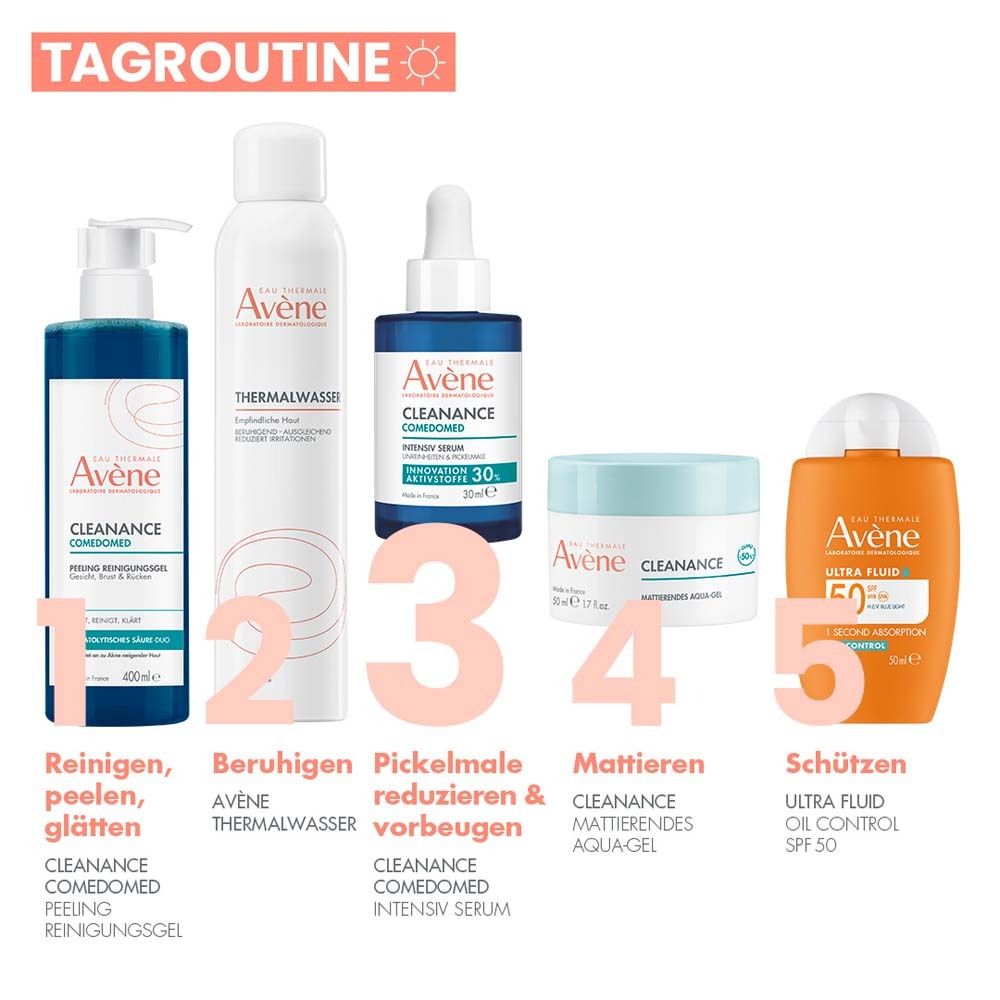 Tagesroutine mit 5 Avène Produkten. Text: Reinigen, peelen, glätten. Pickelmale reduzieren & vorbeugen.
