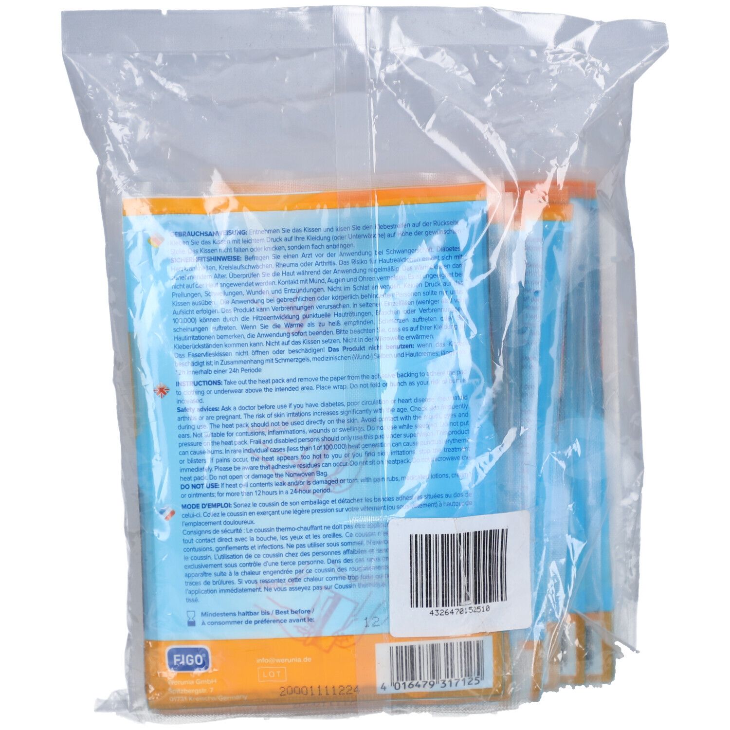 Dos de l'emballage des coussins chauffants FIGO. Sac en plastique transparent. Emballage bleu avec texte, code-barres et logo. Informations.