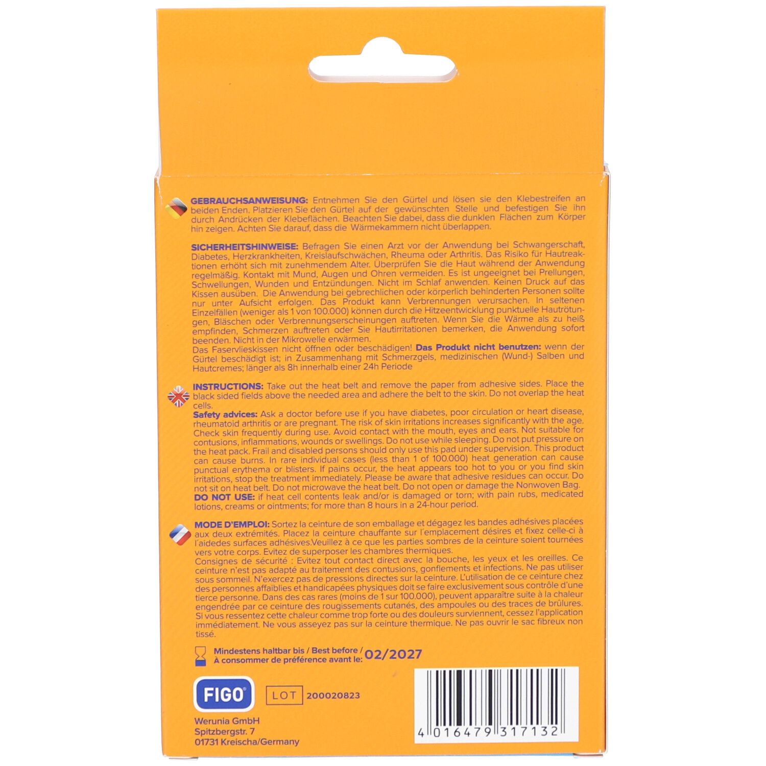 Dos de l'emballage. Texte en allemand, anglais et français. Logo FIGO et numéro de lot. Date de péremption: 02/2027.