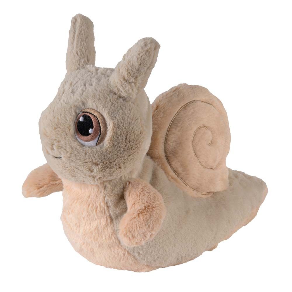 Peluche beige en forme d'escargot. Yeux, antennes et coquille. Matière douce.