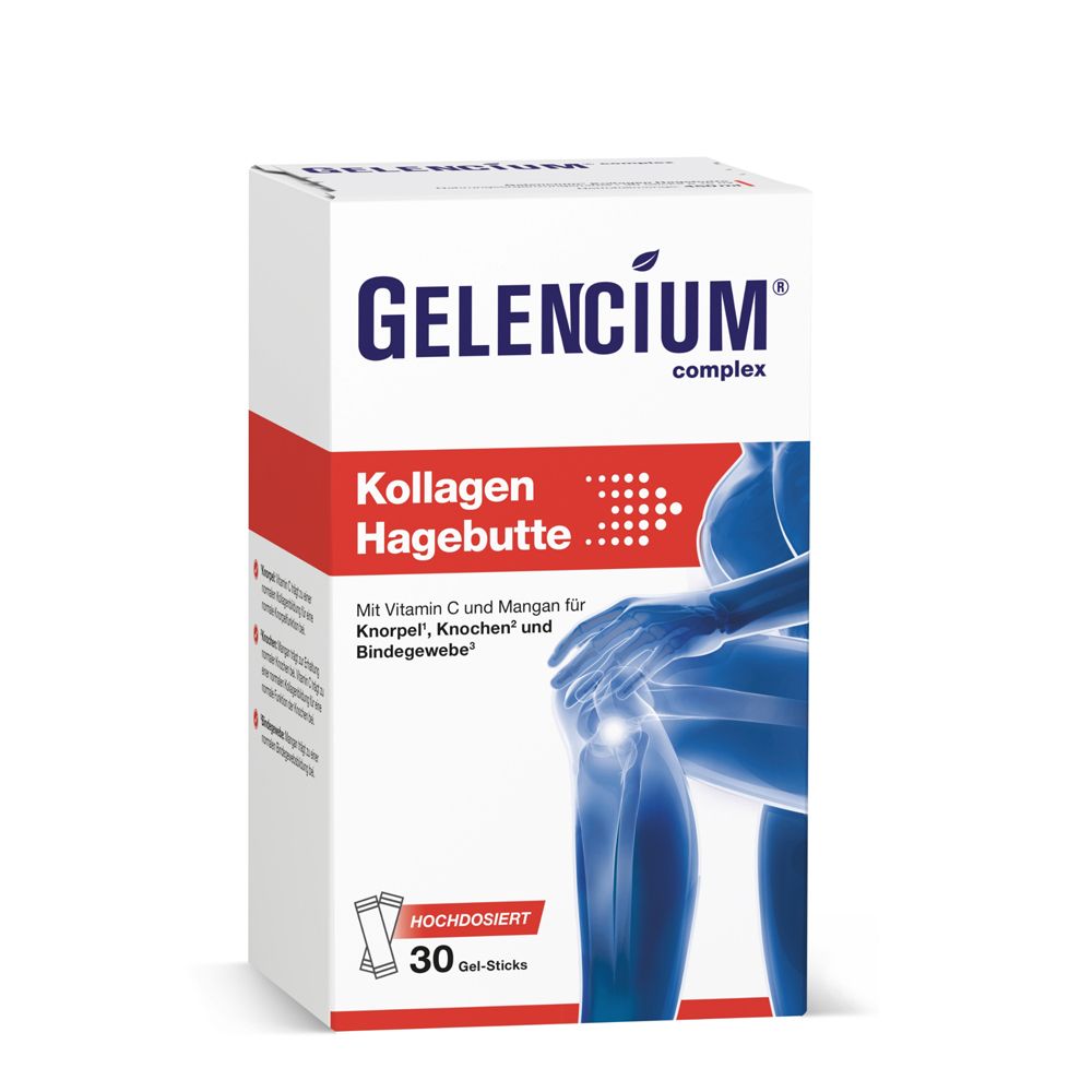 Weiße Schachtel mit GELENCIUM® Kollagen Hagebutte. Roter Streifen mit Produktnamen. 30 Gel-Sticks, hochdosiert.