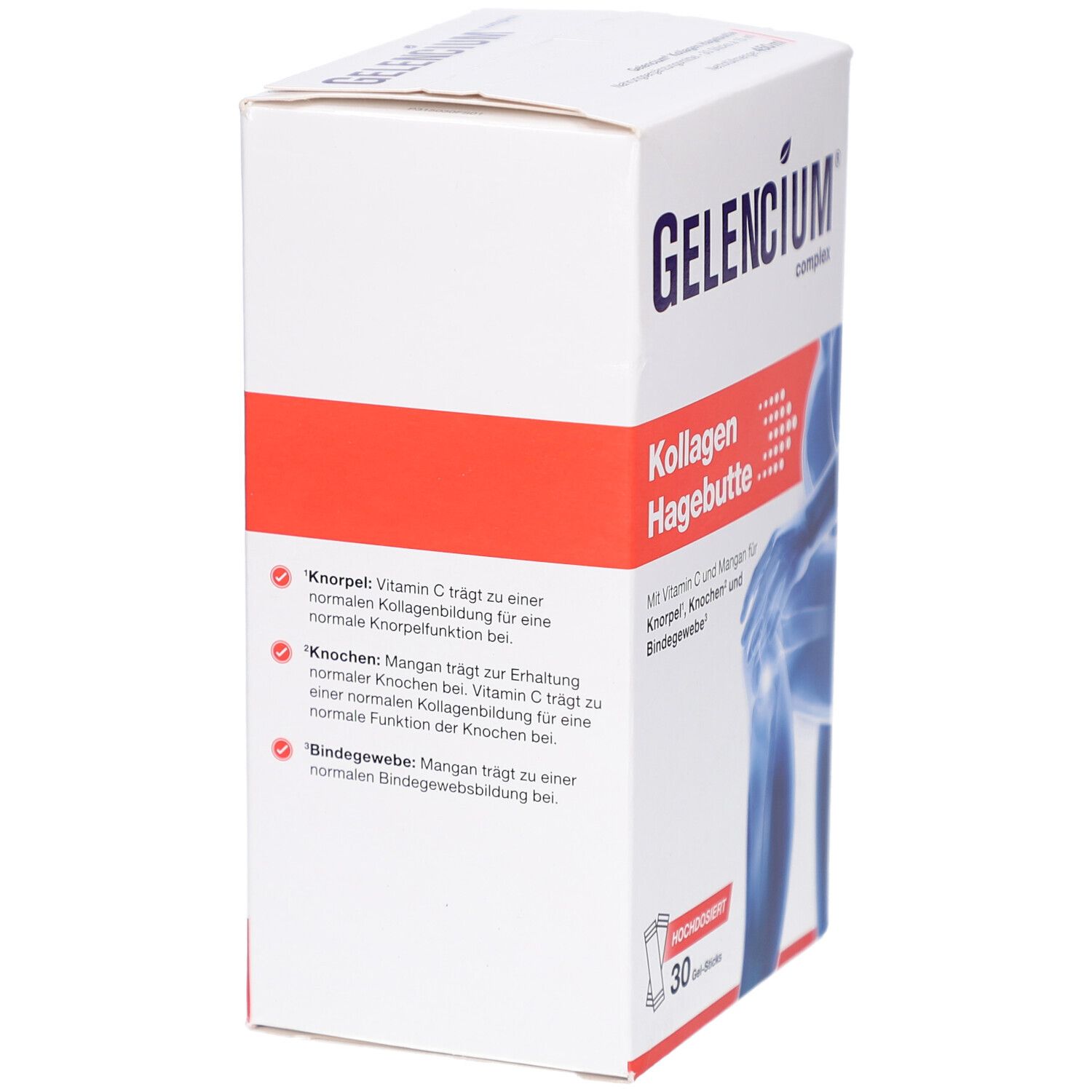 Boîte blanche "GELENCIUM Kollagen Hagebutte". Texte sur les ingrédients et la valeur nutritionnelle. 30 sticks de gel.