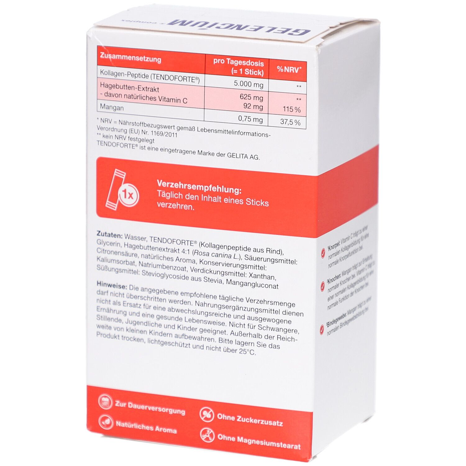 Dos de la boîte blanche avec ingrédients et recommandations d'utilisation. Contient 30 sticks de gel.