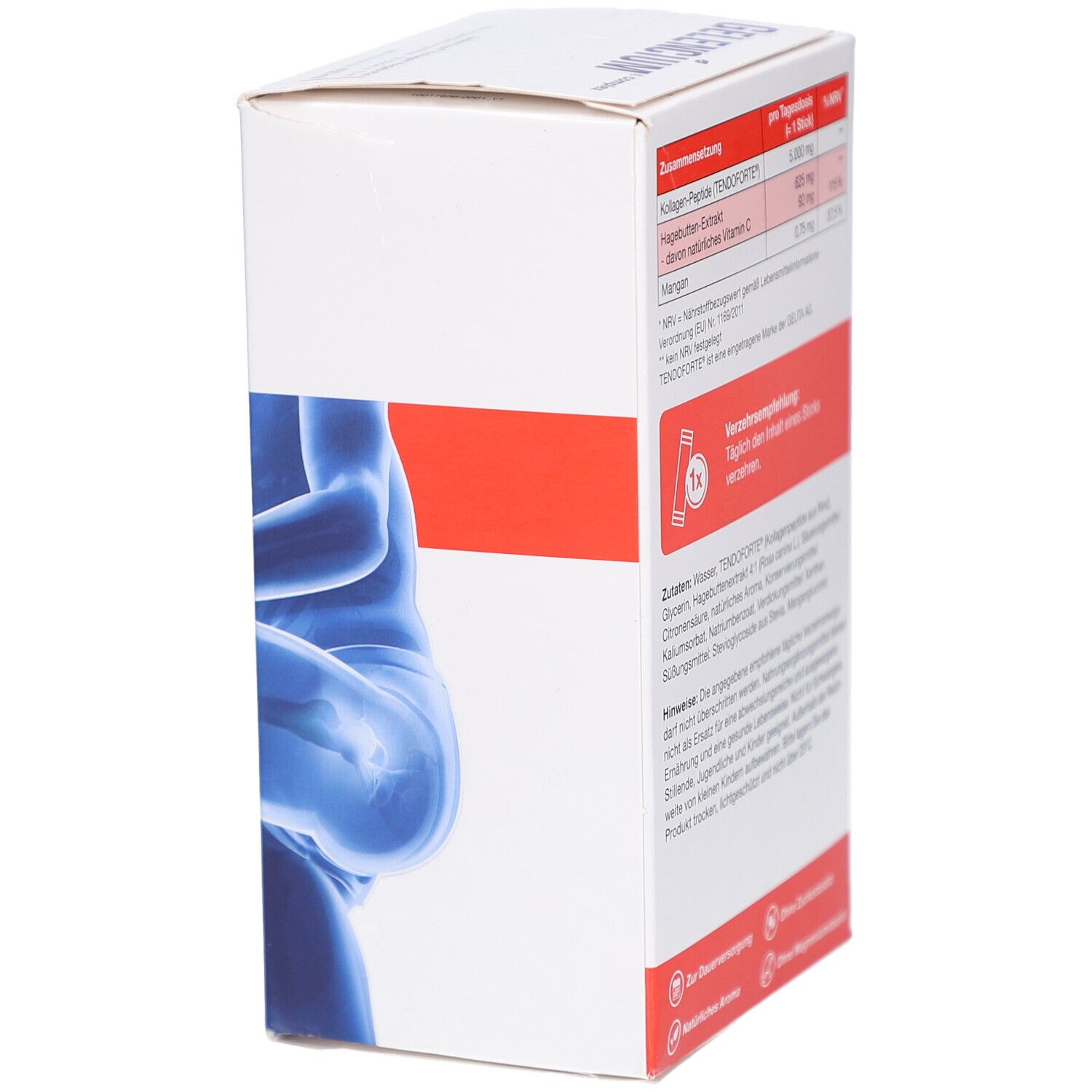 Vue latérale de la boîte blanche avec ingrédients et recommandations. 30 sticks de gel.