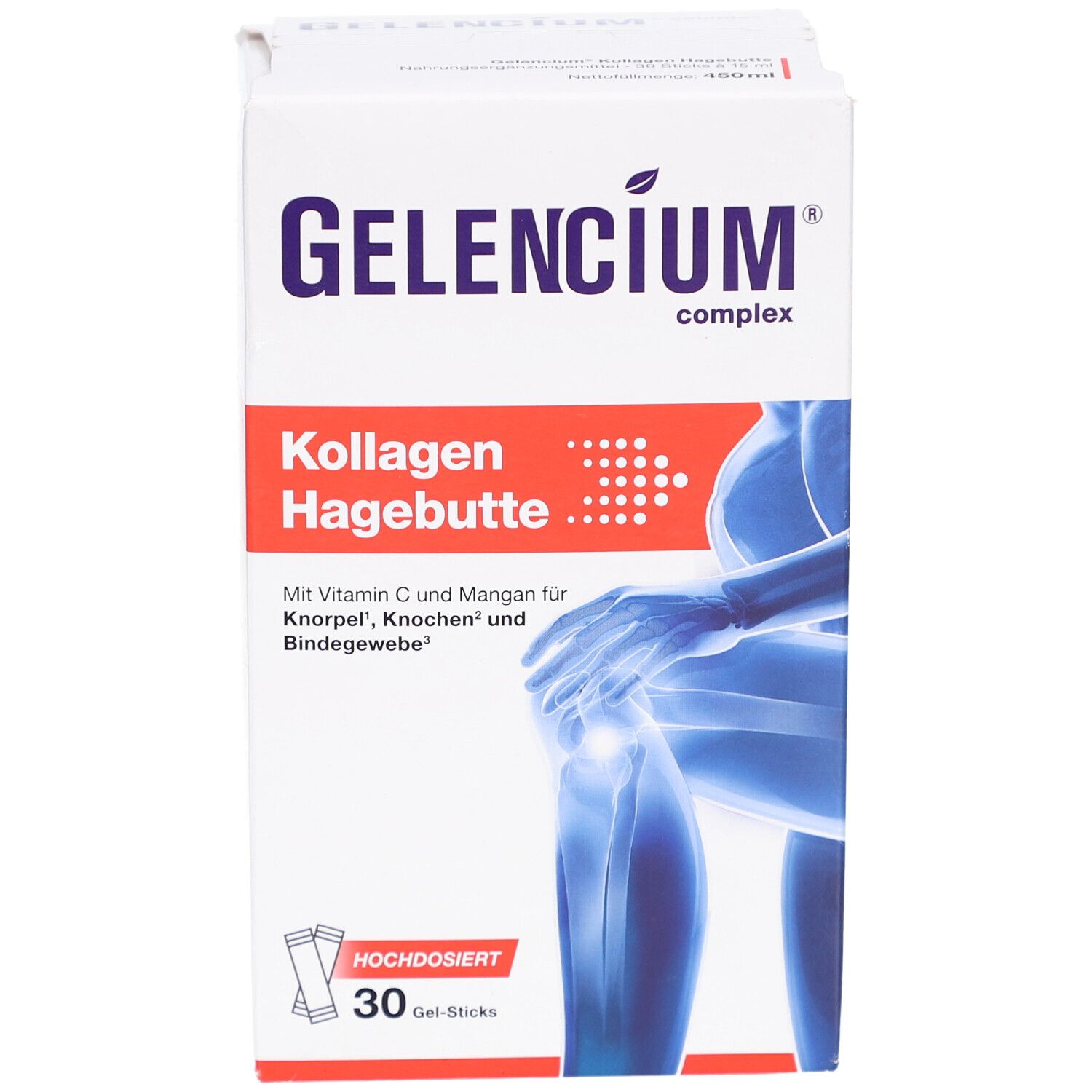 Boîte blanche "GELENCIUM Kollagen Hagebutte". Contient 30 sticks de gel. Illustration d'une articulation du genou.