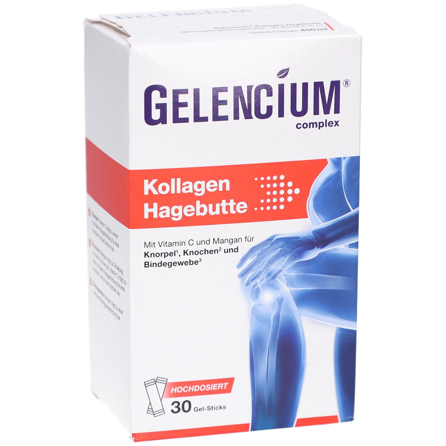 Boîte blanche "GELENCIUM Kollagen Hagebutte". Contient 30 sticks de gel. Illustration d'une articulation du genou.