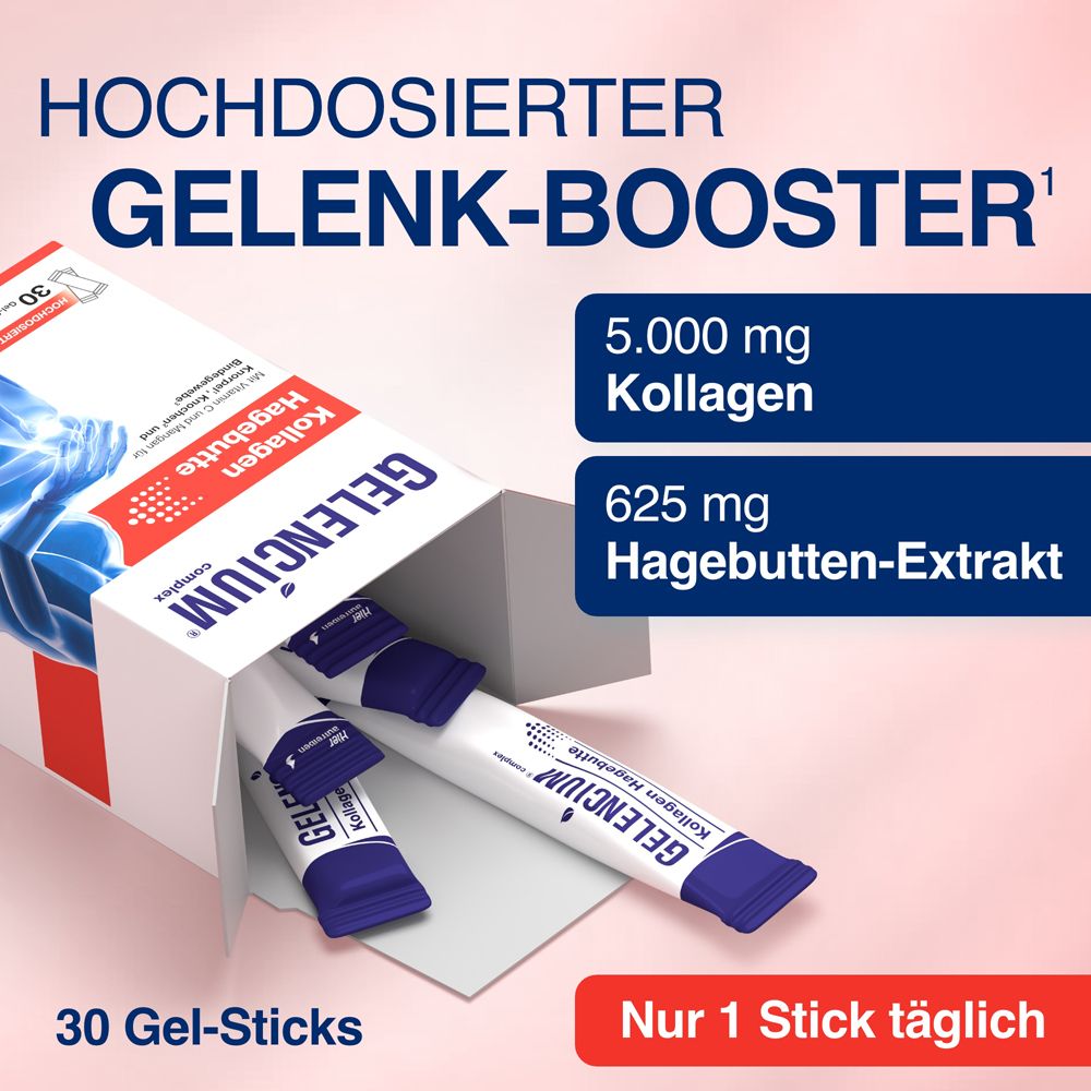 Geöffnete Schachtel GELENCIUM® Kollagen Hagebutte. 30 Gel-Sticks. 5.000 mg Kollagen, 625 mg Hagebutten-Extrakt.