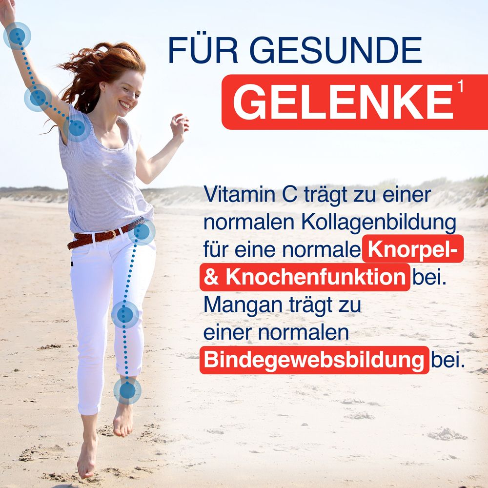 Frau am Strand. Text: Für gesunde Gelenke. Vitamin C für Knorpel- & Knochenfunktion. Mangan für Bindegewebe.