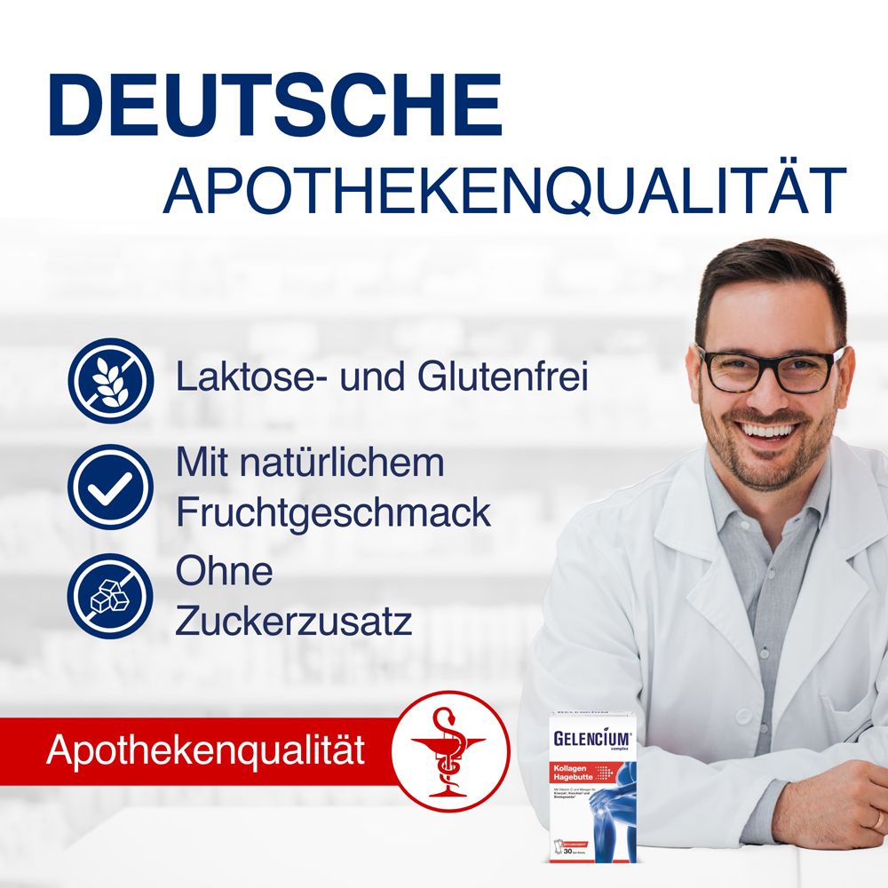 Mann im weißen Kittel. Text: Deutsche Apothekenqualität. Laktose- und glutenfrei. Mit natürlichem Fruchtgeschmack.