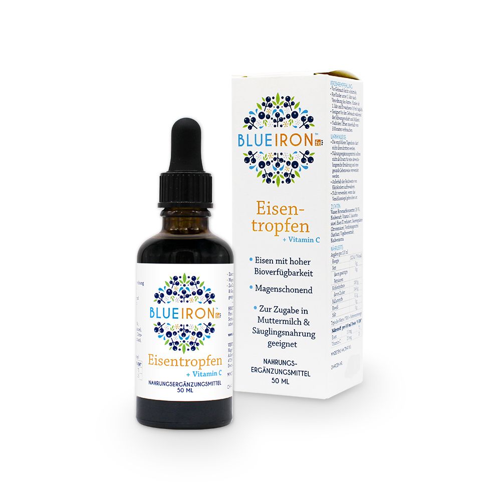 Braune Flasche mit Tropfer. Aufschrift: Blueiron Eisentropfen + Vitamin C. 50 ml Flasche und Verpackung.