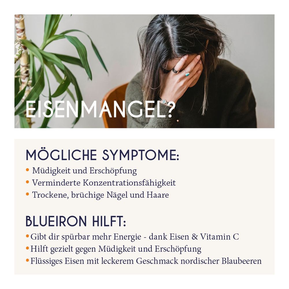 Texttafel mit Text: Eisenmangel? Mögliche Symptome: Müdigkeit, Konzentrationsschwäche, brüchige Nägel. Blueiron hilft.