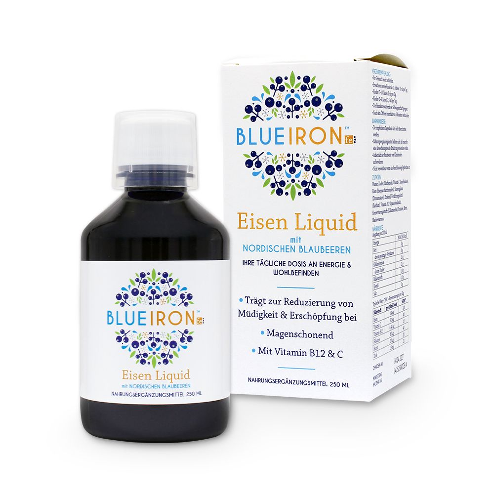 Bouteille et emballage Blueiron Eisen Liquid. Design myrtille. Complément alimentaire.