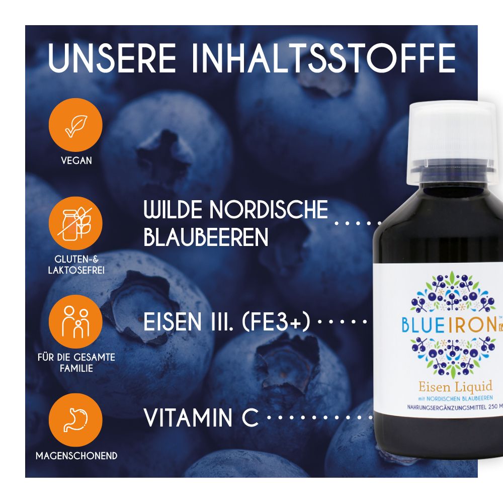 Fond de myrtilles. Texte : Nos ingrédients. Végétalien, sans gluten, sans lactose, fer III, vitamine C.