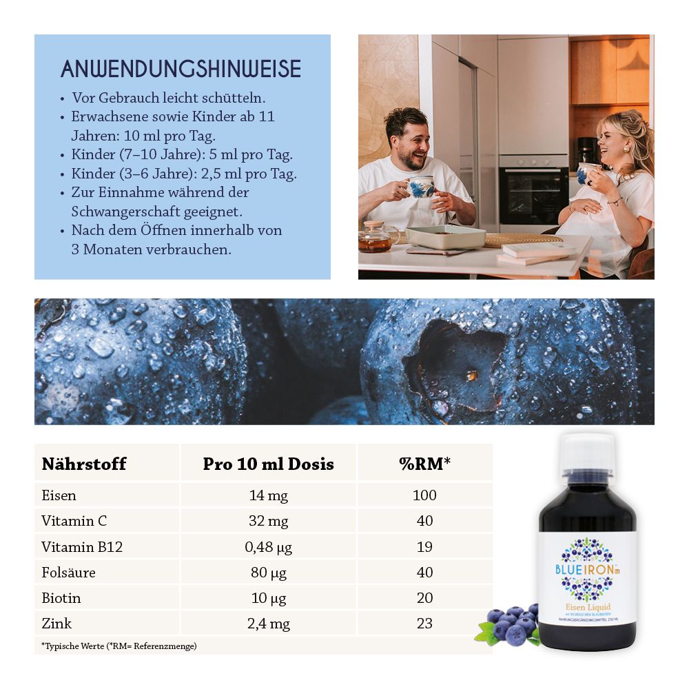 Conseils d'utilisation. Dosage pour adultes et enfants. Tableau nutritionnel avec fer, vitamine C, B12.