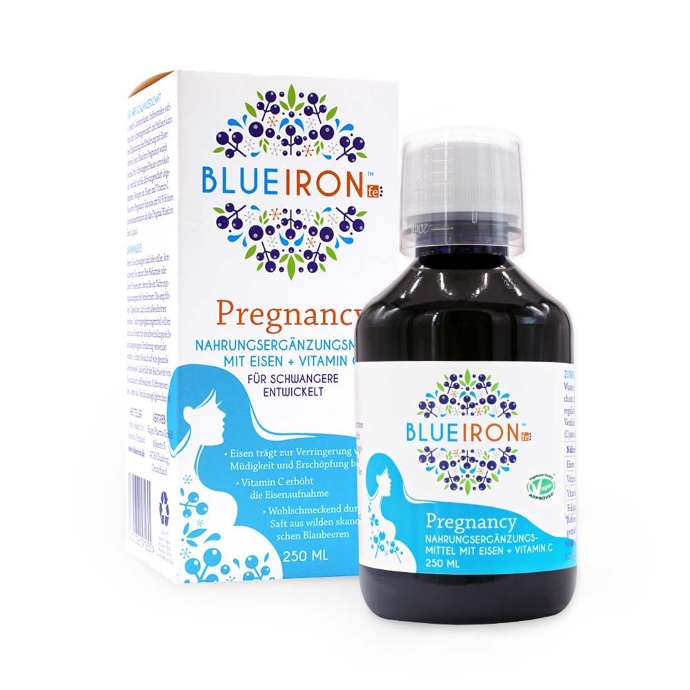Complément alimentaire liquide. Bouteille et emballage avec nom et logo du produit. Contient du fer, de la vitamine C. 250 ml.